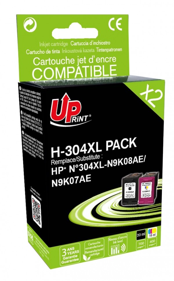 Pack 2 Cartouches 304XL Uprint Recyclé HP Noir + Cyan + Magenta +