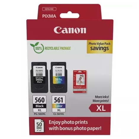 Pack original CANON PG-560XL + CL-561XL Noir et Couleur + 50 papiers photo glossy 10x15cm - 14,3ml + 12,2ml - 400 + 300 pages