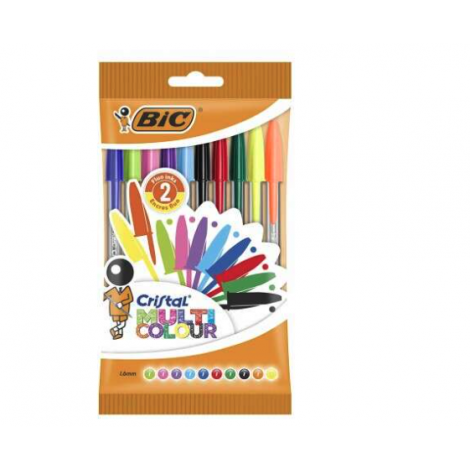 Pack de 10 Stylos à Bille Bic Cristal Multicolore - Pointe Ronde 1,6 mm - Couleurs Assorties