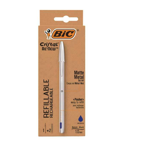 Pack Stylo Bille Rechargeable Bic Cristal Re´new + 2 Recharges Bleu