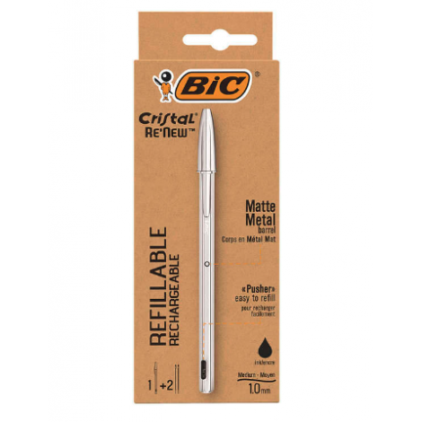 Pack Stylo Bille Rechargeable Bic Cristal Re´new + 2 Recharges Noir