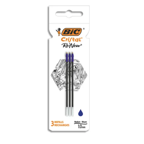 Bic Pack de 3 Recharges Bleu pour Stylo Bille Cristal Re´new