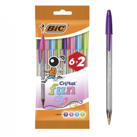 Bic Cristal Fun 6+2 Lot de 8 Stylos Bille de couleurs Fun