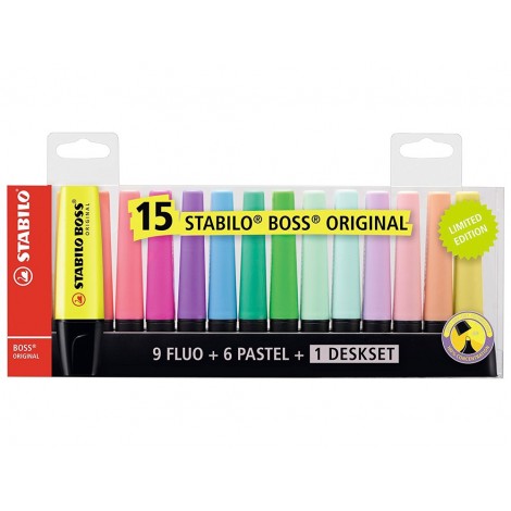 STABILO BOSS ORIGINAL - Pochette x 15 surligneurs fluo - Coloris assortis + 1 Deskset