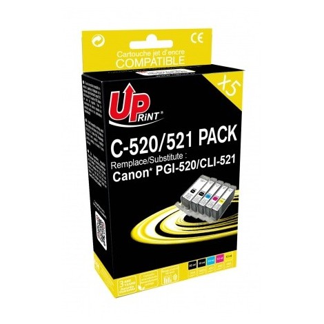 Pack Uprint C-520/521 PACK Noir + Noir + Cyan + Magenta + Jaune, 5x Cartouches recyclées CANON PGI-520 et CLI-521