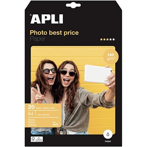 Papier photo A4 Apli Brillant (20 feuilles 140g/m2) Ref 4451