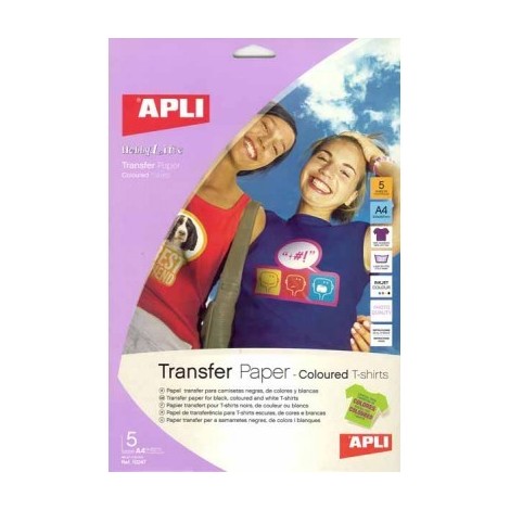 5 feuilles de papier transfert A4 pour T-shirt de couleur en coton - imprimante jet d'encre - Apli 10247