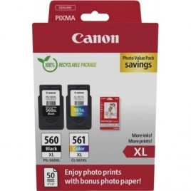 Pack original CANON PG-560XL + CL-561XL Noir et Couleur + 50 papiers photo glossy 10x15cm - 14,3ml + 12,2ml - 400 + 300 pages