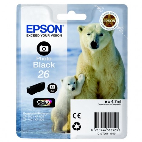 ORIGINAL EPSON T2611 Noire PHOTO - Ours Polaire - 4.7ml - 200 pages