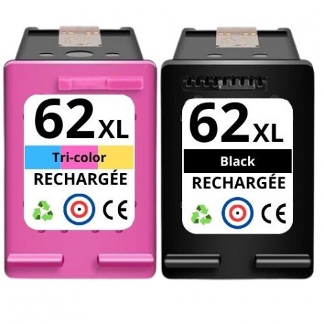 Recharge PACK HP 62XL Noire + 62XL Couleur - Cartouche compatible HP - 1 x 20ml + 1 x 18ml - 600 + 400 pages