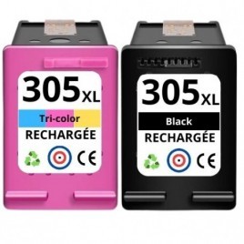 Recharge PACK HP 305 XL Noire + 305 XL Couleur 6ZA94AE, Cartouche compatible HP - 650 + 450 pages