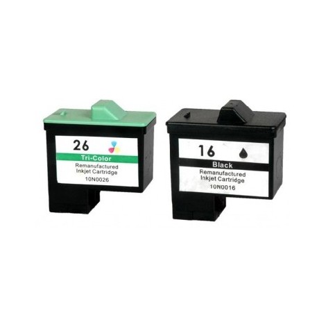 Pack 2 cartouches recyclées Lexmark N° 16 Noir + N°26 Couleur - 1 x 15ml + 1 x 15ml