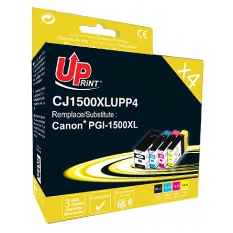 Pack Uprint CJ1500XLUPP4 Noir + Cyan + Magenta + Jaune, 4x Cartouches compatibles CANON PGI-1500 XL Grande Capacité