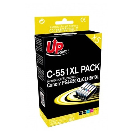 Pack Uprint C-551XL PACK Noir + Noir + Cyan + Magenta + Jaune, 5x Cartouches recyclées CANON PGI-550XL et CLI-551XL