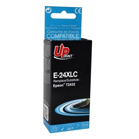 Uprint E-24XLC Cyan T2432 XL, Cartouche compatible EPSON T2422/T2432 XL - Elephant - 740 pages - 15ml