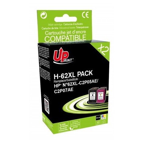 Uprint H-62XL PACK Noir et Couleurs Recharge Pack 2x HP 62XL - Cartouches HP rechargées - 1 x 20ml + 1 x 21ml - 600 + 415 pages