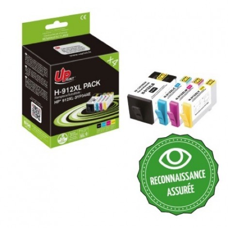 Uprint H-912XL PACK Noir + Cyan + Magenta + Jaune Recharge PACK 4x HP 912 XL 3YP34AE, Cartouches HP rechargées Grande Capacité