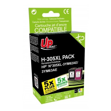 Uprint H-305XL PACK Noir + Couleur Recharge PACK 2x HP 305 XL 6ZA94AE, Cartouches HP rechargées Grande Capacité