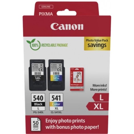 Pack original CANON PG-540L + CL-541XL Noir et Couleur + 50 papiers photo glossy 10x15cm - 11ml + 15ml - 300 + 400 pages