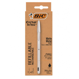 Pack Stylo Bille Rechargeable Bic Cristal Re´new + 2 Recharges Noir